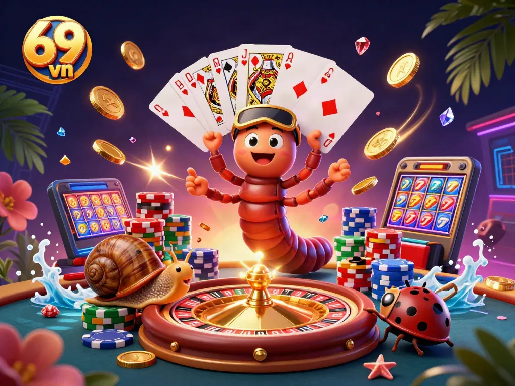 Engage in thrilling games at 69 vn casino with a vibrant 3D illustration showcasing lively characters and casino elements.