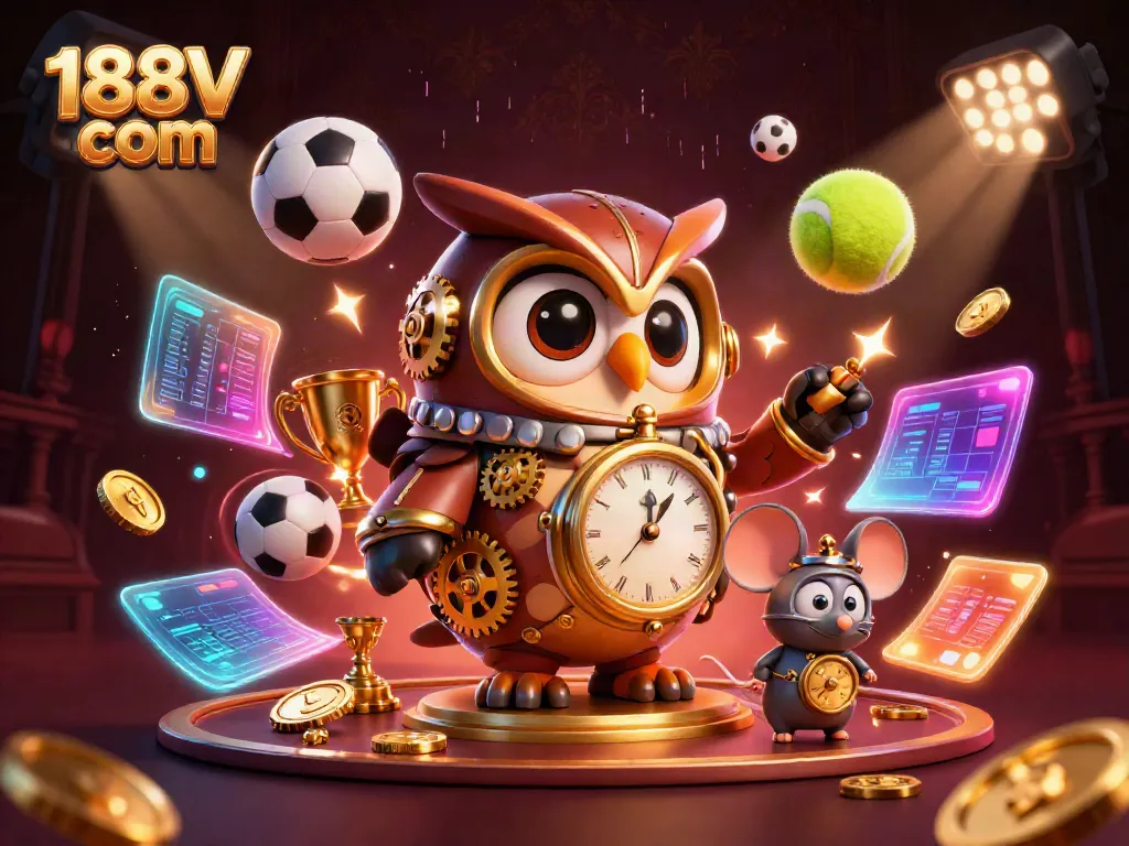 Engage in thrilling gaming action at 188V com with a vibrant, lively casino scene featuring a time-traveler owl.