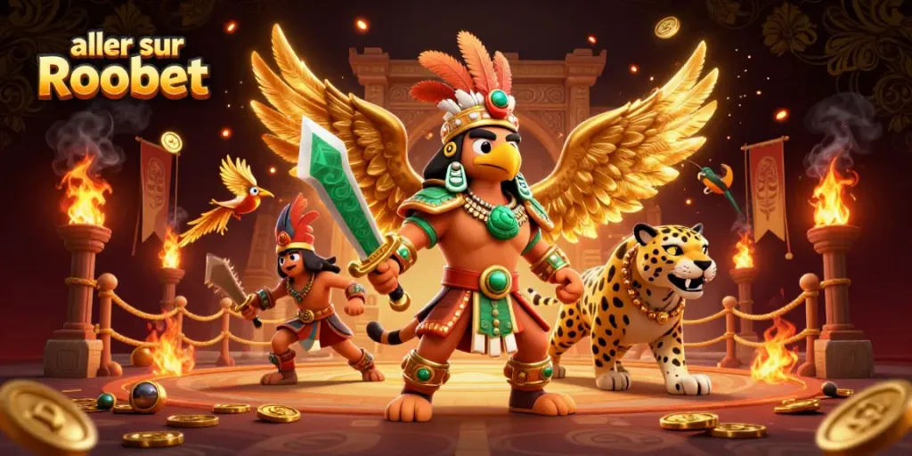 Engagez-vous dans le jeu avec aller sur Roobet, une scène dynamique de guerriers azteques et d'éléments de casino.