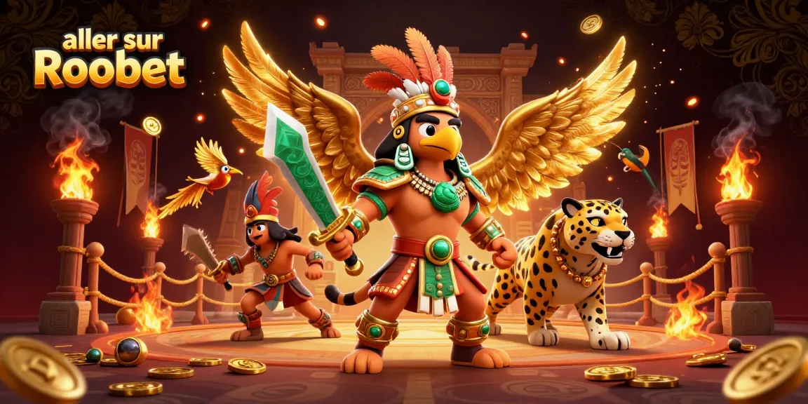 Engagez-vous dans le jeu avec aller sur Roobet, une scène dynamique de guerriers azteques et d'éléments de casino.