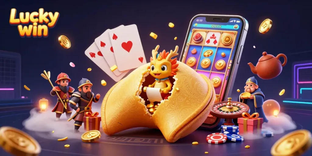 Spin and win with Lucky win in this vibrant casino scene filled with exciting game elements.