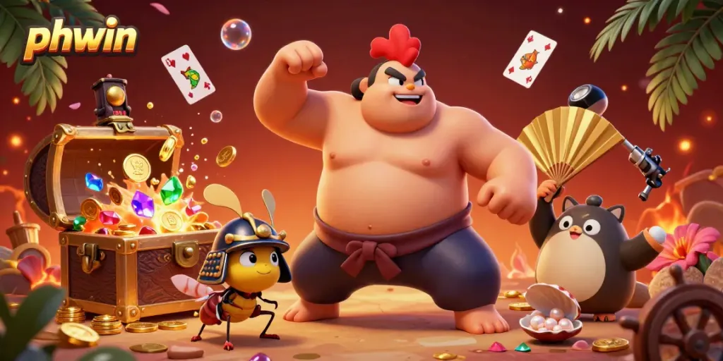 Experience thrilling gameplay at phwin with engaging 3D characters, gold coins, and dynamic casino elements.