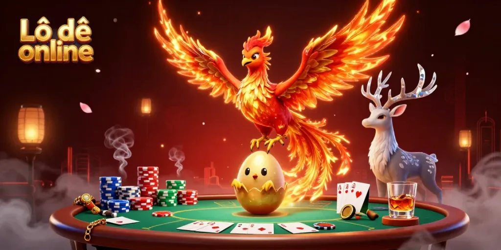 Engage with Lô đề online through a vibrant scene featuring a phoenix and gambling elements.