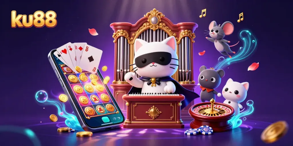 ku88 spins the reels for thrilling action with a lively casino scene featuring a charming cat and acrobat.