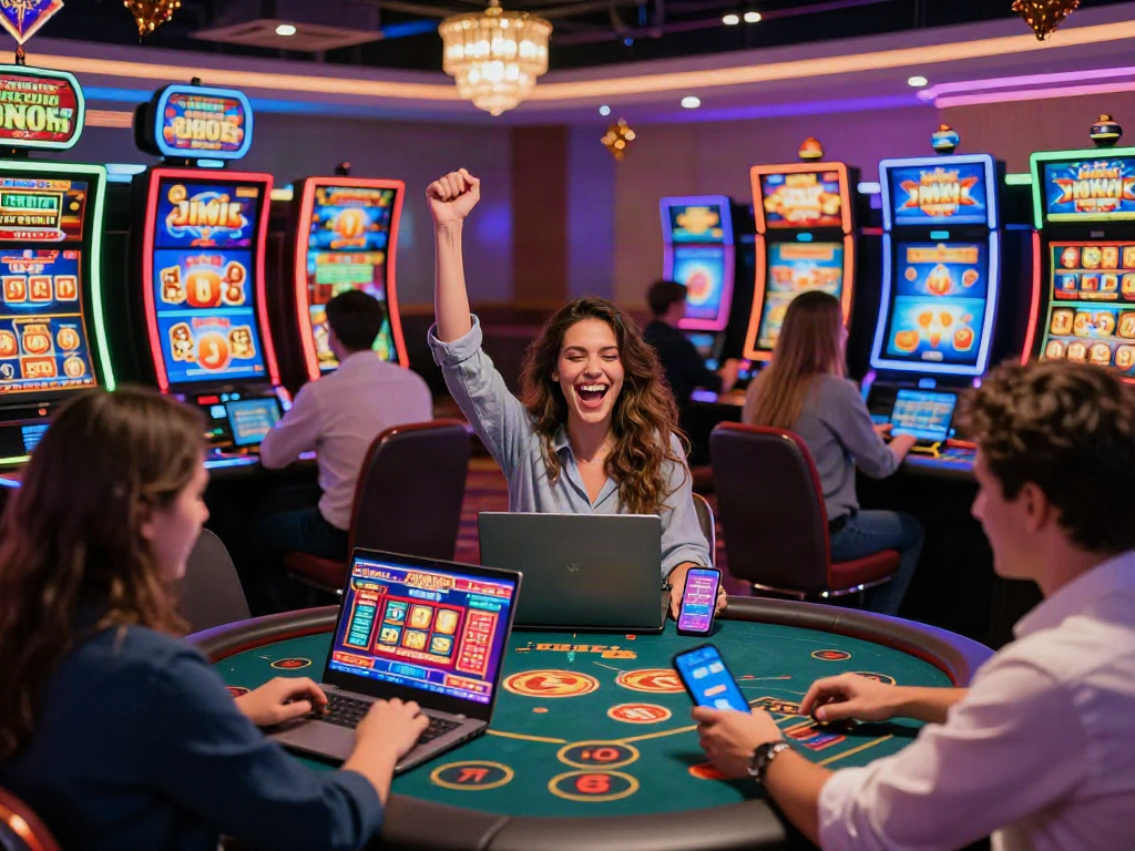 Un groupe de joueurs heureux au meilleur casino en ligne France, célébrant des gains avec des machines à sous et des jeux de table.