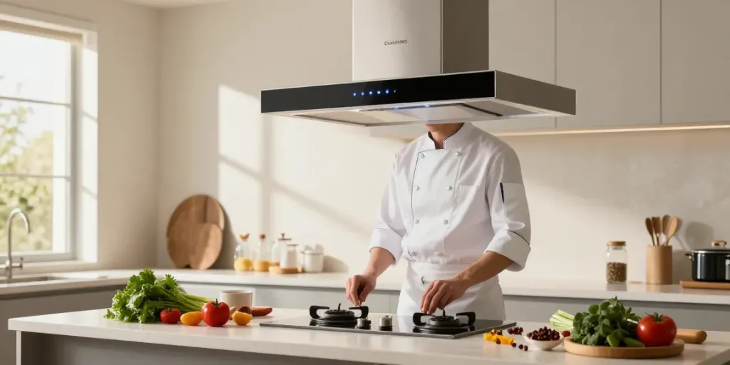 Hotte aspirante sans évacuation dans une cuisine moderne avec un chef préparant des ingrédients frais.