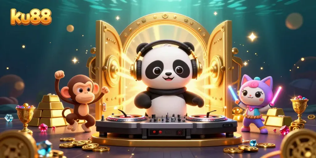 Engaging illustration of ku88's playful casino atmosphere with a DJ panda and vibrant elements.