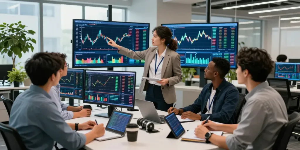 Couponeau et traders analysant les données de marché dans un bureau moderne.
