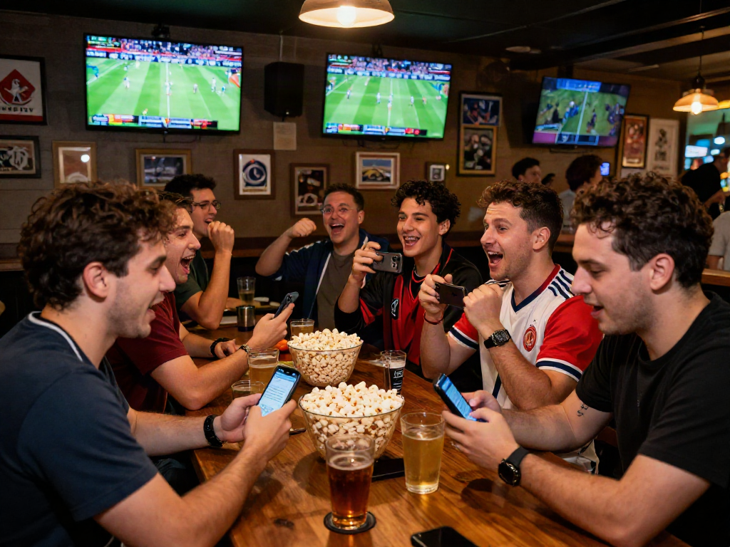 Moment de convivialité dans un bar où les amis parient sur le meilleur site de paris sportif en regardant un match en direct.