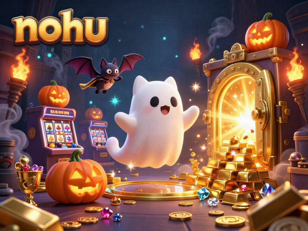 Nohu casino illustration showcasing a ghost cat and vampire bat surrounded by glowing jack-o-lanterns.
