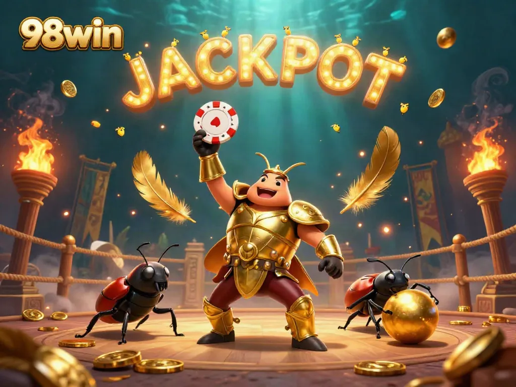 Engage with 98win as a victorious beetle celebrates winning poker chips amid a dynamic casino scene.