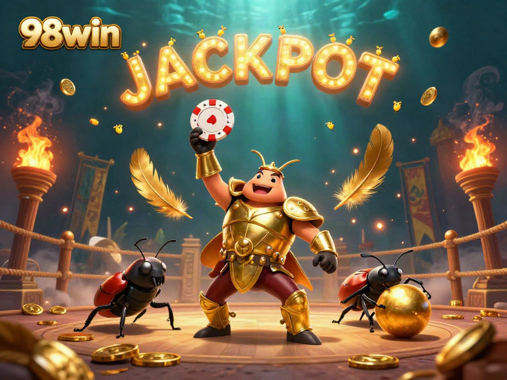 Engage with 98win as a victorious beetle celebrates winning poker chips amid a dynamic casino scene.