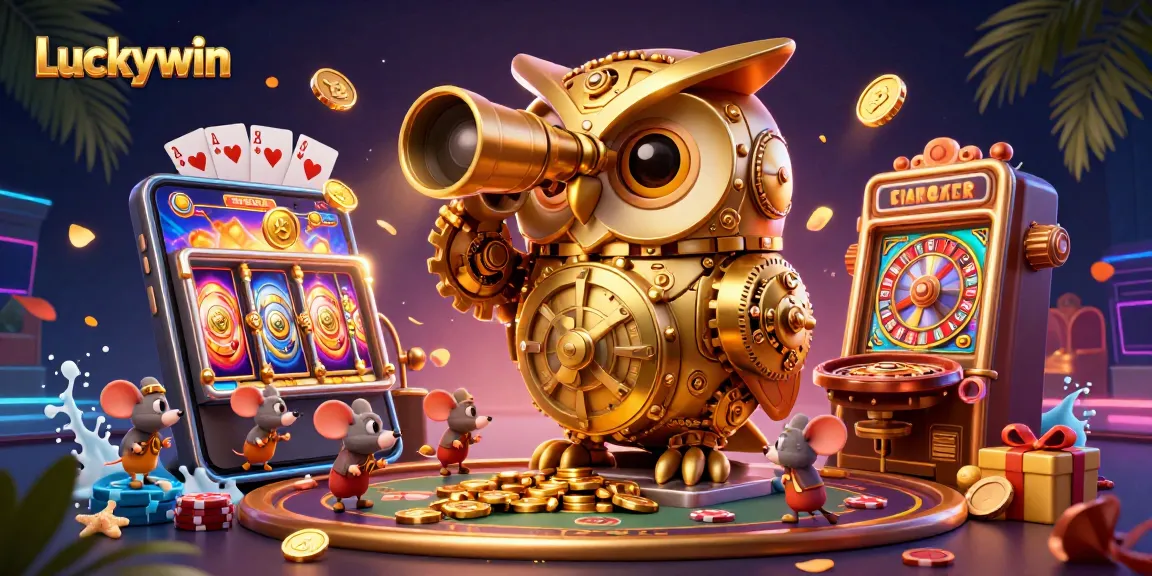 Experience Luckywin with a vibrant casino scene showcasing a golden owl and festive games.