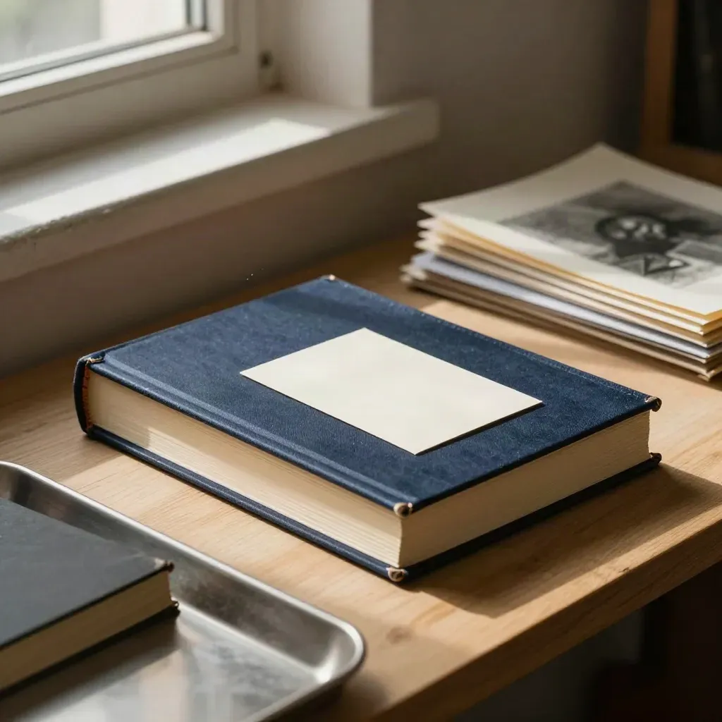 Dossier de biographie pro, carnet relié et dossiers souples dans un atelier lumineux.