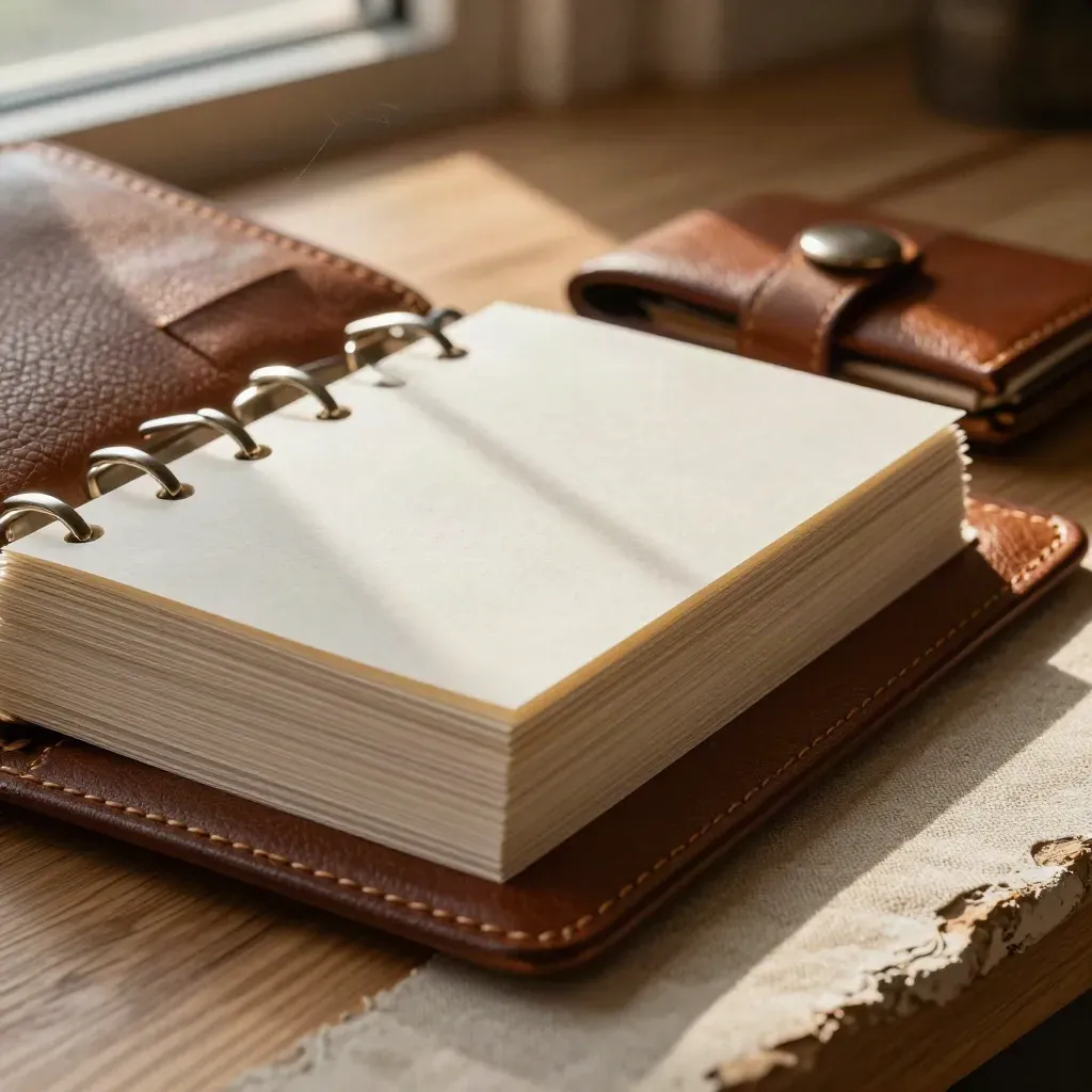 Classeur à onglets, cartes de profil et porte-cartes en cuir sur bois chaud.
