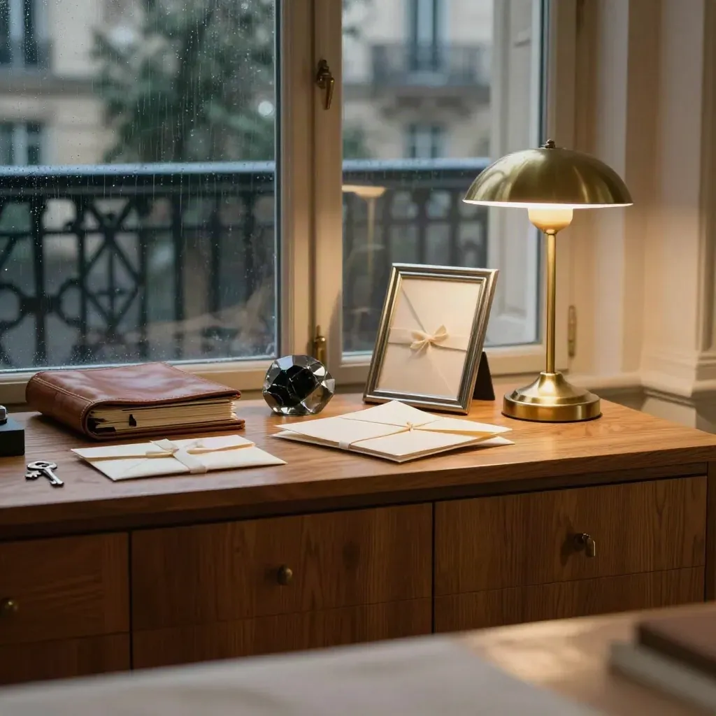Bureau parisien en chêne miel, lampe laiton et reflets après la pluie.