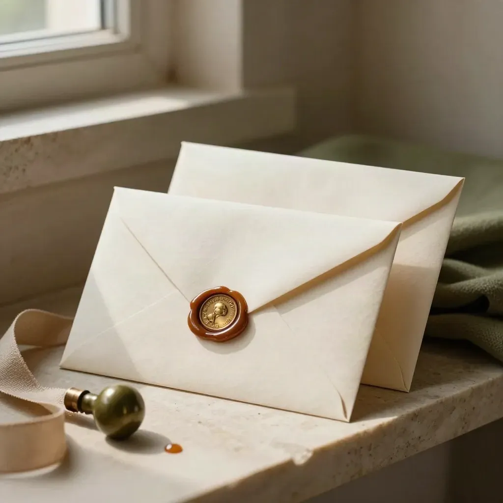 Trois enveloppes cachetées à la cire avec médaillon de laiton, sur une tablette en pierre claire.