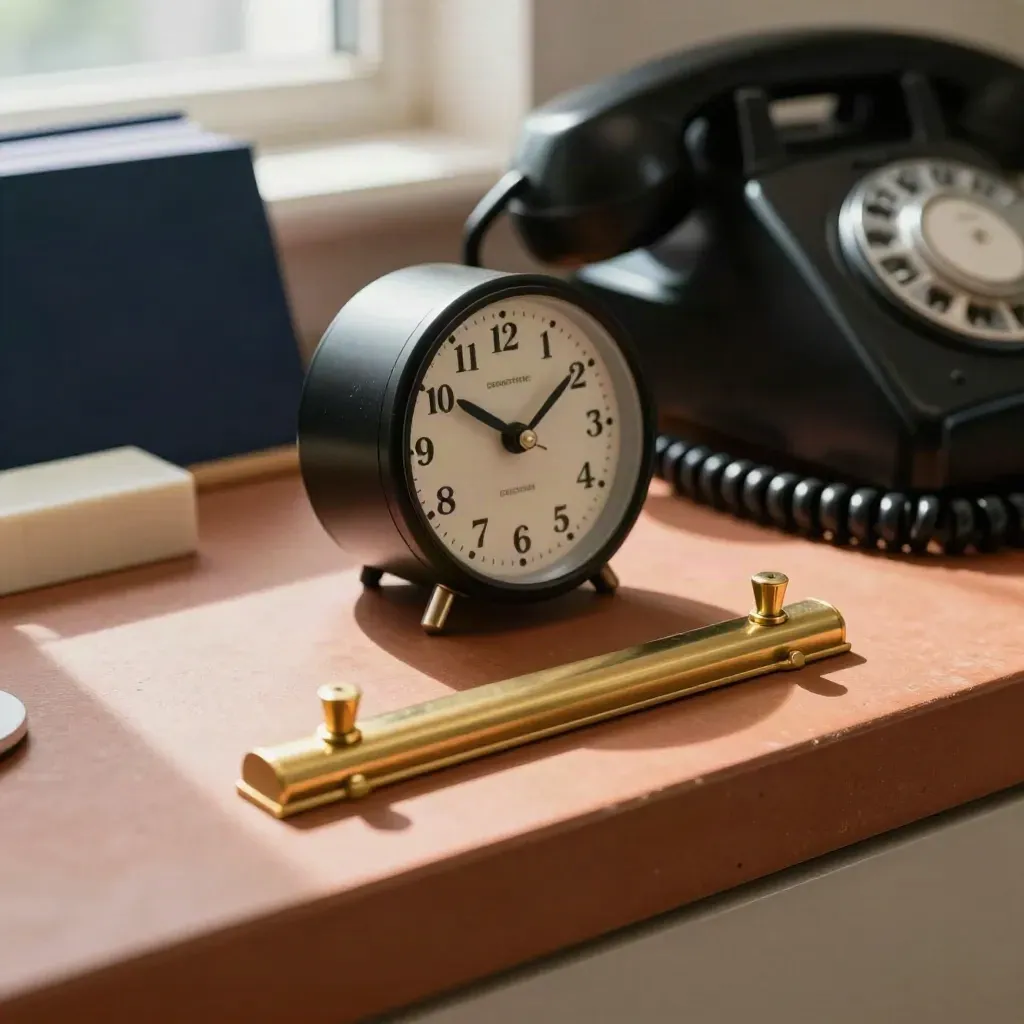 Créneau de rendez-vous en laiton, horloge et téléphone fixe sur fond terracotta.