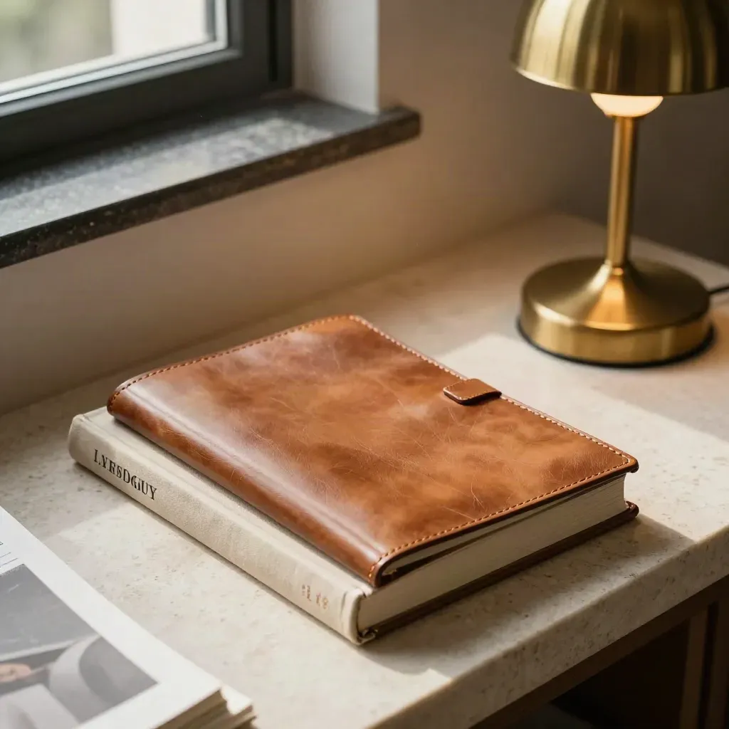 Alcôve de marque en pierre avec livre relié, portfolio cuir et lampe laiton.