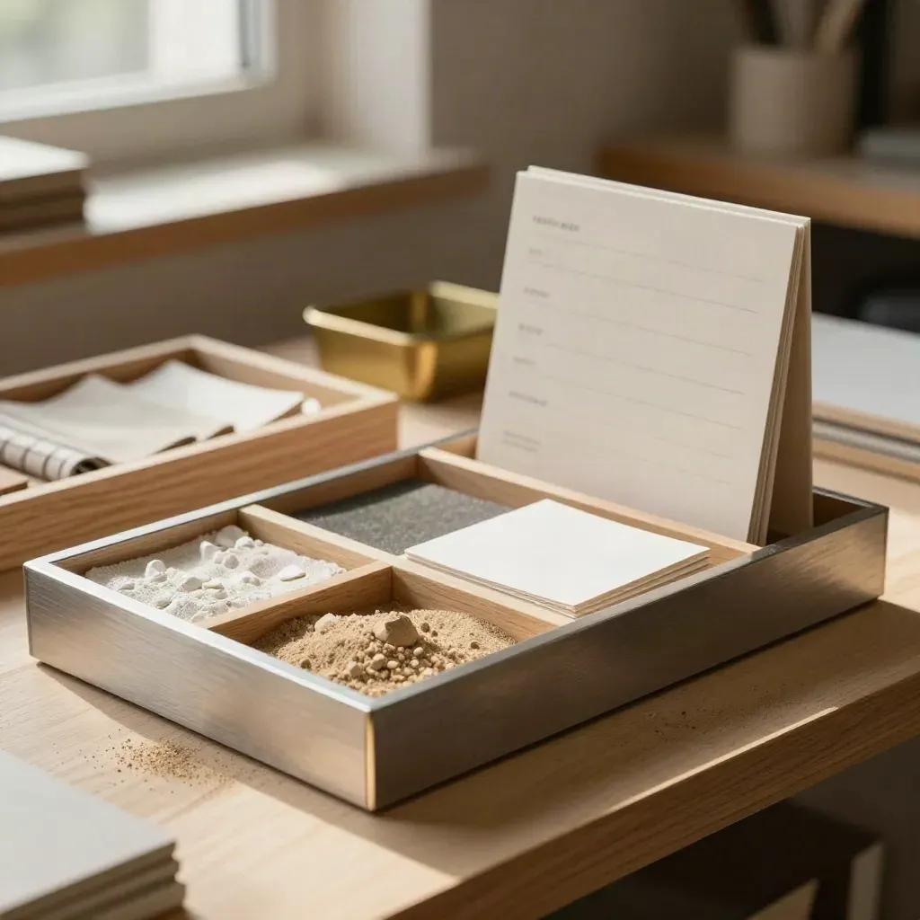 Plateau de services modulaires avec échantillons de matières et cartes rigides dans un atelier lumineux.