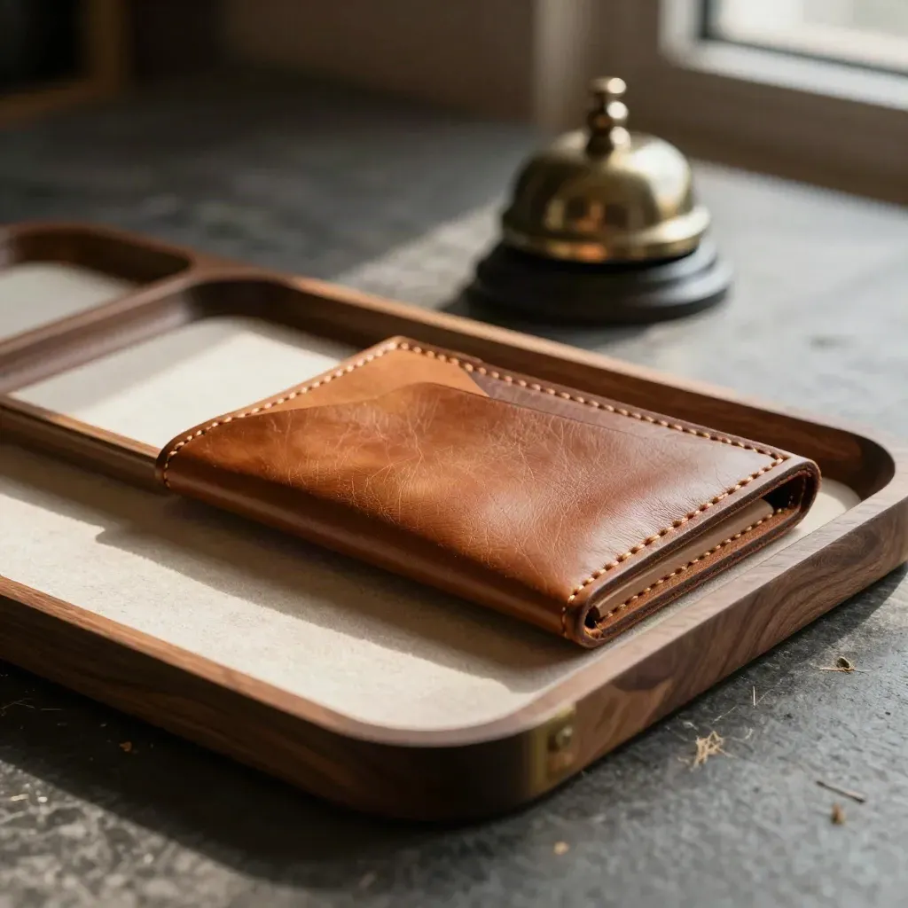 Trois bacs de tri, porte-cartes en cuir et petite cloche de bureau sur une surface sombre.