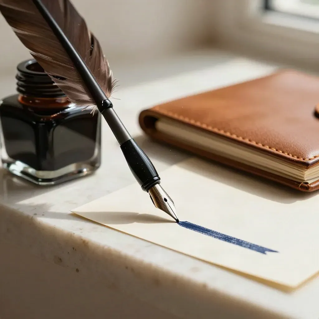 Plume noire, encrier ambré et carnet de cuir sur travertin, lumière chaude.