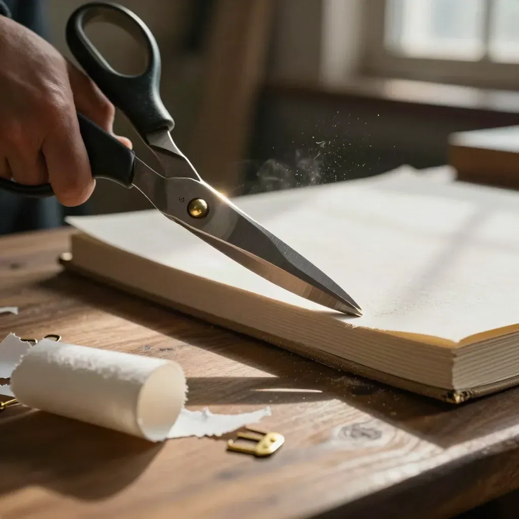 Ciseaux de reliure, chutes de papier coton et clips laiton sur un établi en noyer.