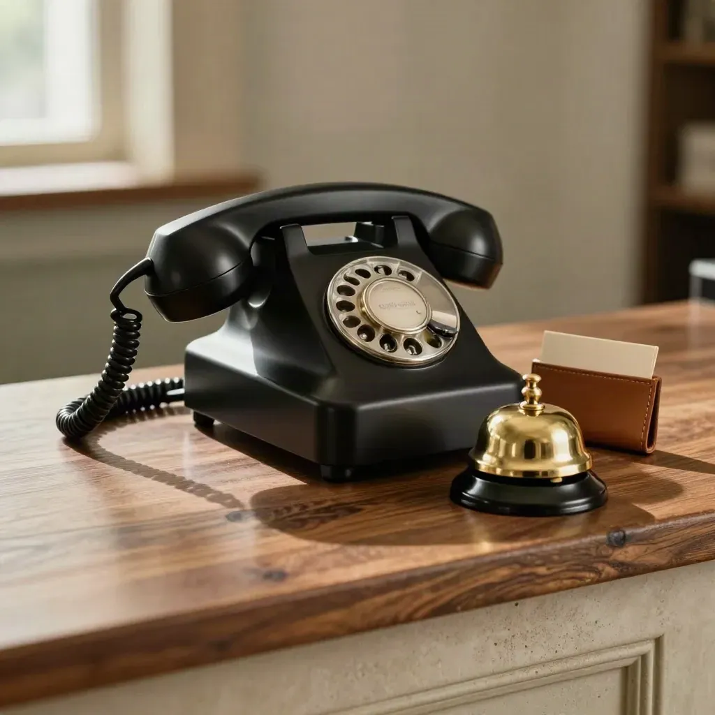 Téléphone fixe, cloche de réception et porte-cartes en cuir sur un comptoir chaleureux.