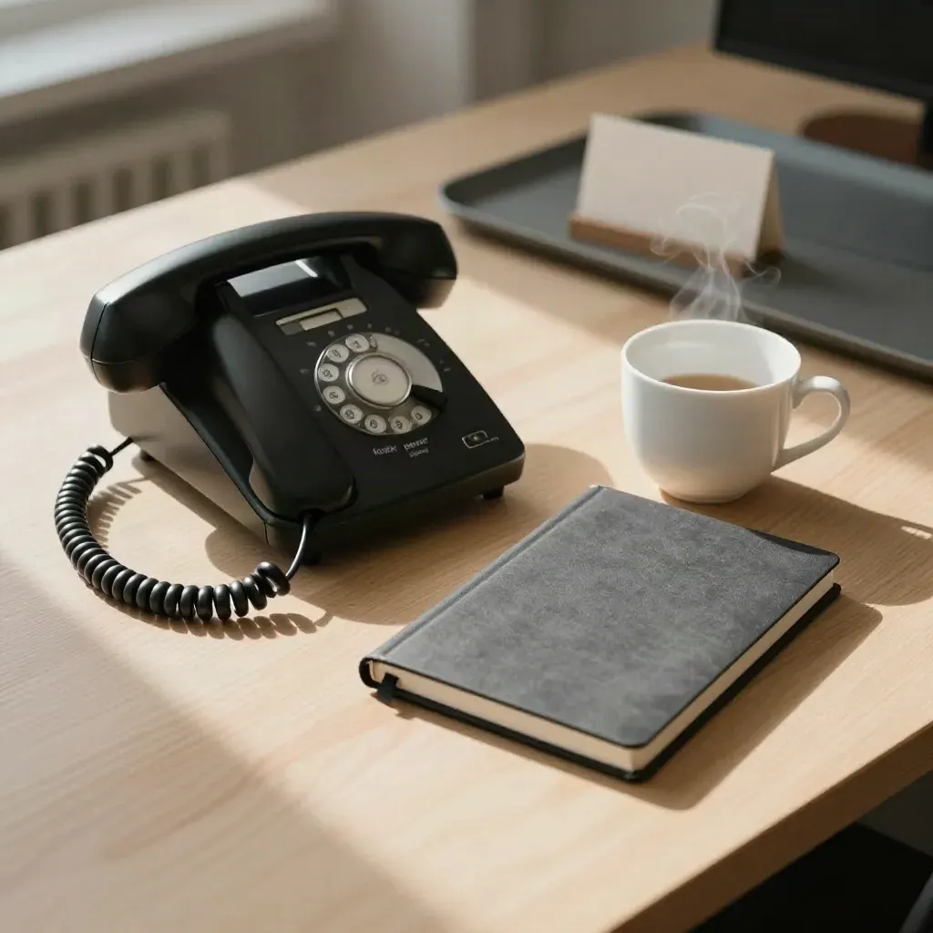 Téléphone noir, carnet fermé et tasse en porcelaine sur bois pâle, vue légèrement inclinée.