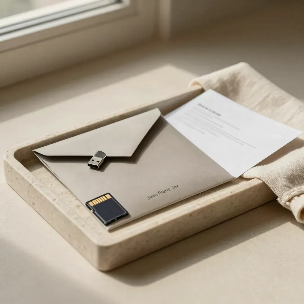 Enveloppe matelassée, clé USB et carte mémoire sur une dalle de travertin, lumière douce.