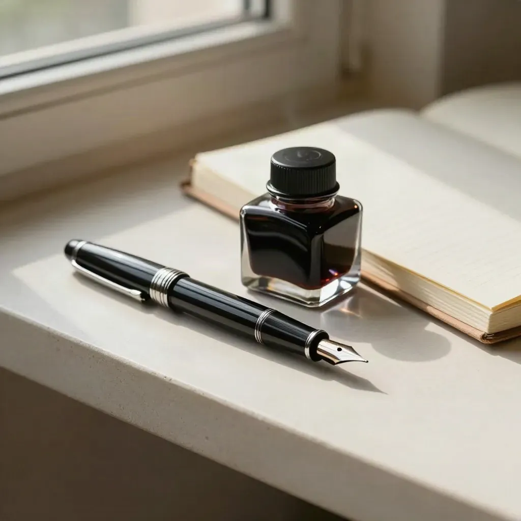 Stylo plume, encrier en verre et carnet relié sur un fond clair, lumière douce latérale.