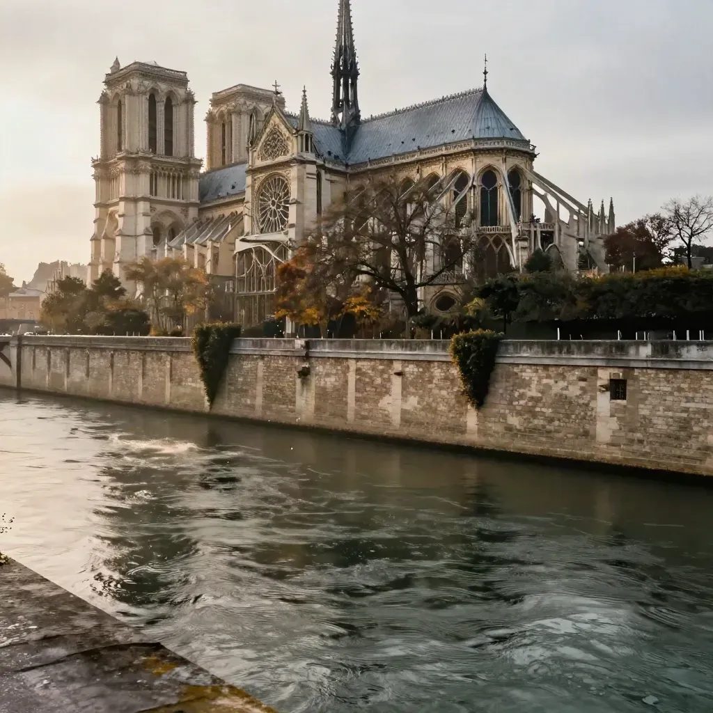 Skyline de Paris après la pluie, Notre-Dame au-dessus de la Seine et des toits de zinc.