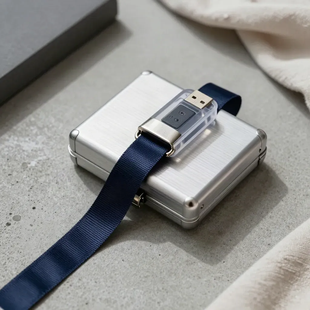 Boîtier de sauvegarde, clé USB et ruban bleu marine sur béton gris, vue du dessus.