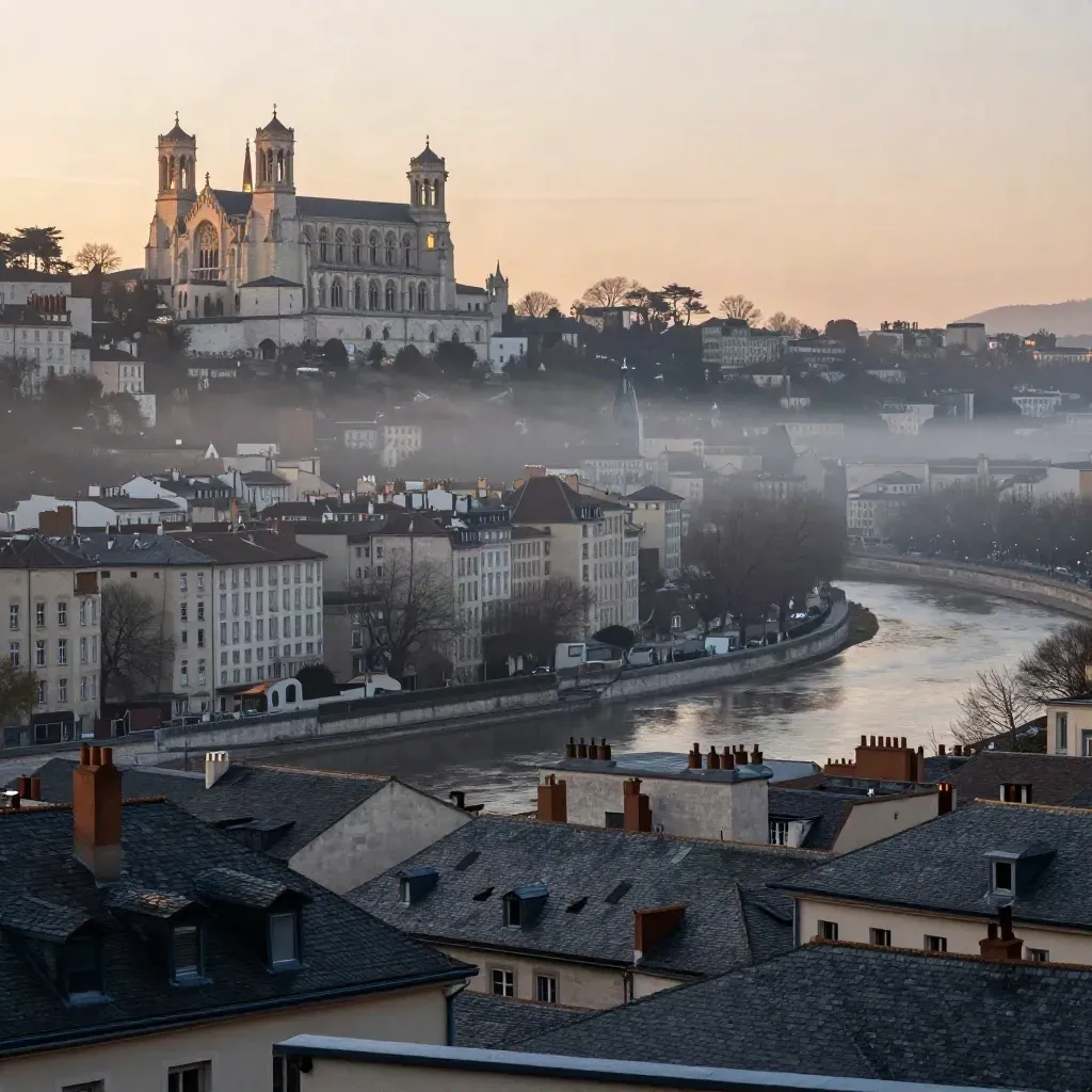 Fourvière et toits de Lyon dans une brume douce au lever du jour.