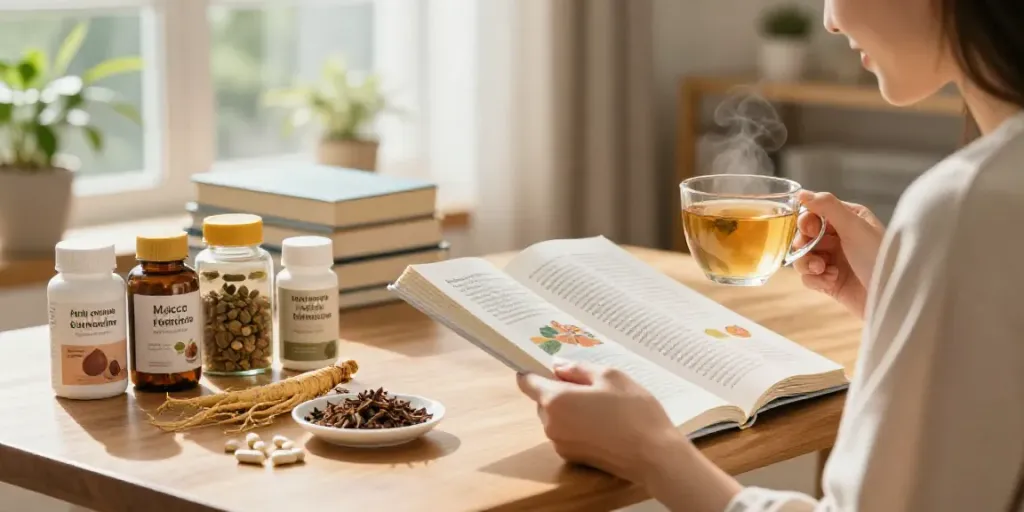 Scène de bien-être avec des compléments naturels de naturaforce.com dans une maison lumineuse