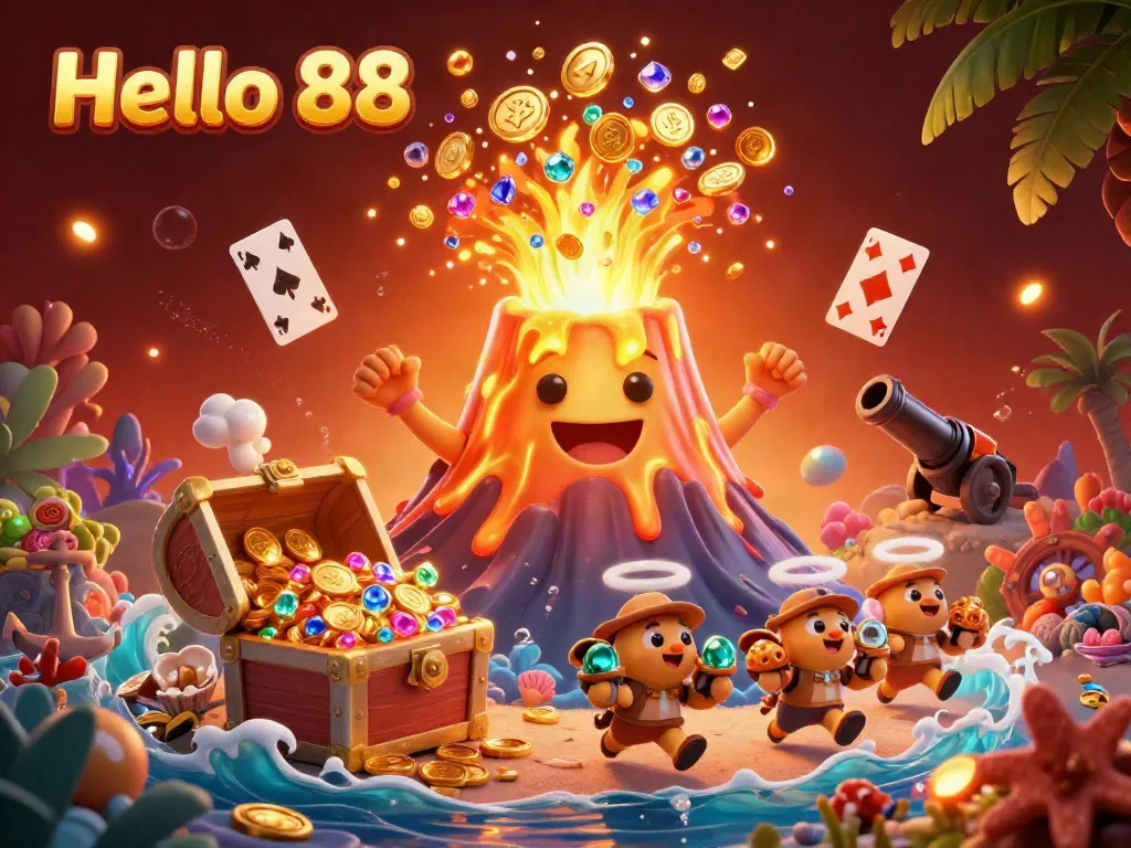 Experience the thrill of winning big at Hello 88 casino with a vibrant scene featuring a golden volcano erupting coins and treasure.