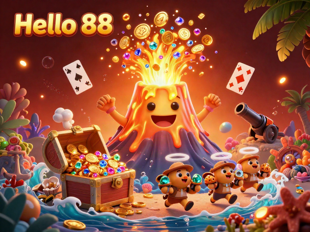 Experience the thrill of winning big at Hello 88 casino with a vibrant scene featuring a golden volcano erupting coins and treasure.