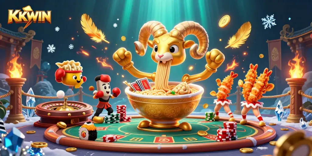 KKWIN engages players with a vibrant scene of a giant ramen bowl dealer and sushi characters in an energetic casino atmosphere.