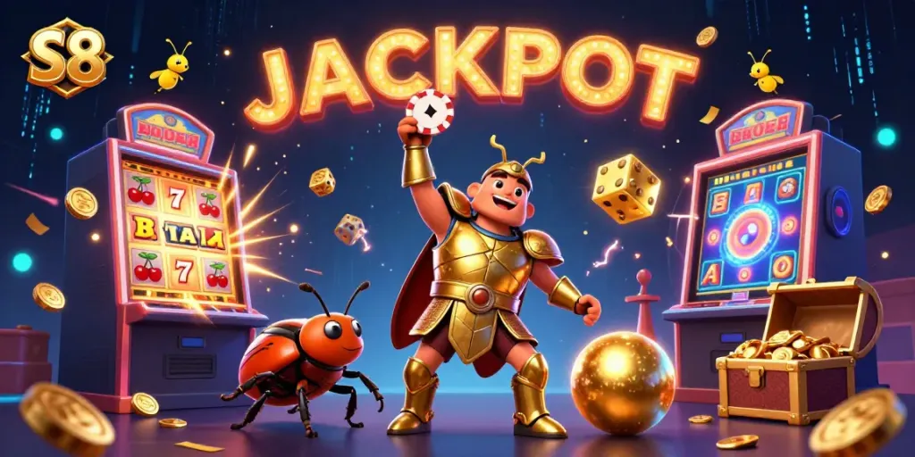 Experience the thrilling S8 casino with a victorious beetle character celebrating a jackpot amidst vibrant game visuals.