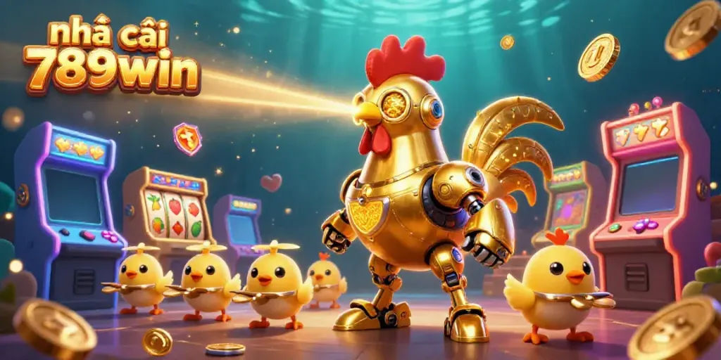 Engage in gaming excitement with nhà cái 789win, featuring a golden rooster robot and vibrant casino elements.