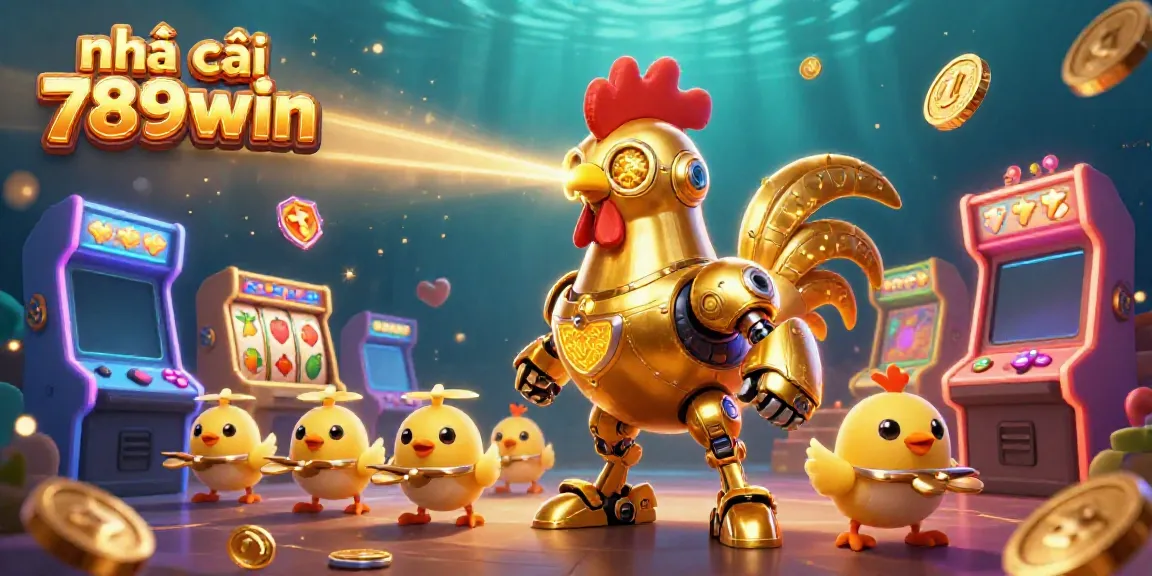 Engage in gaming excitement with nhà cái 789win, featuring a golden rooster robot and vibrant casino elements.