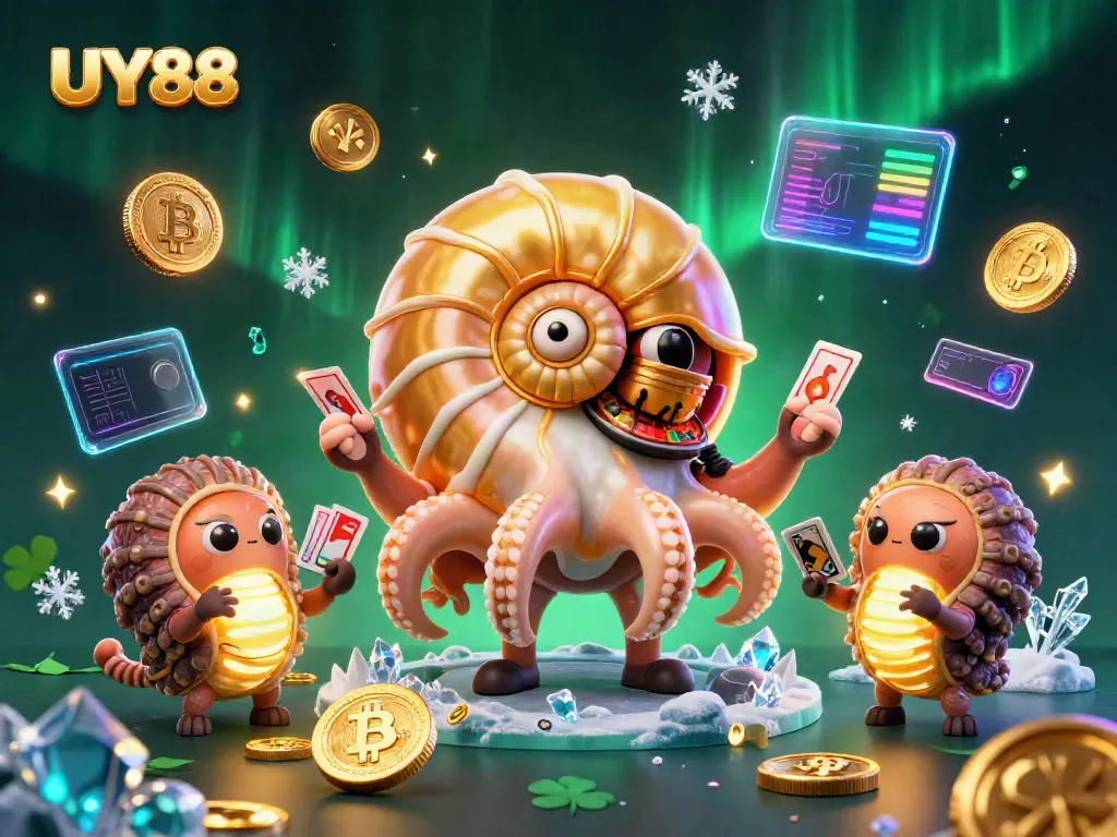 Experience the thrilling world of UY88 with a vibrant casino scene featuring a giant nautilus and crypto elements.