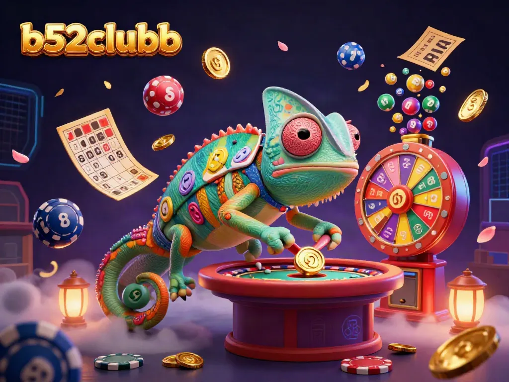 B52clubb chameleon casino owner capturing golden coins amidst lively lottery visuals.