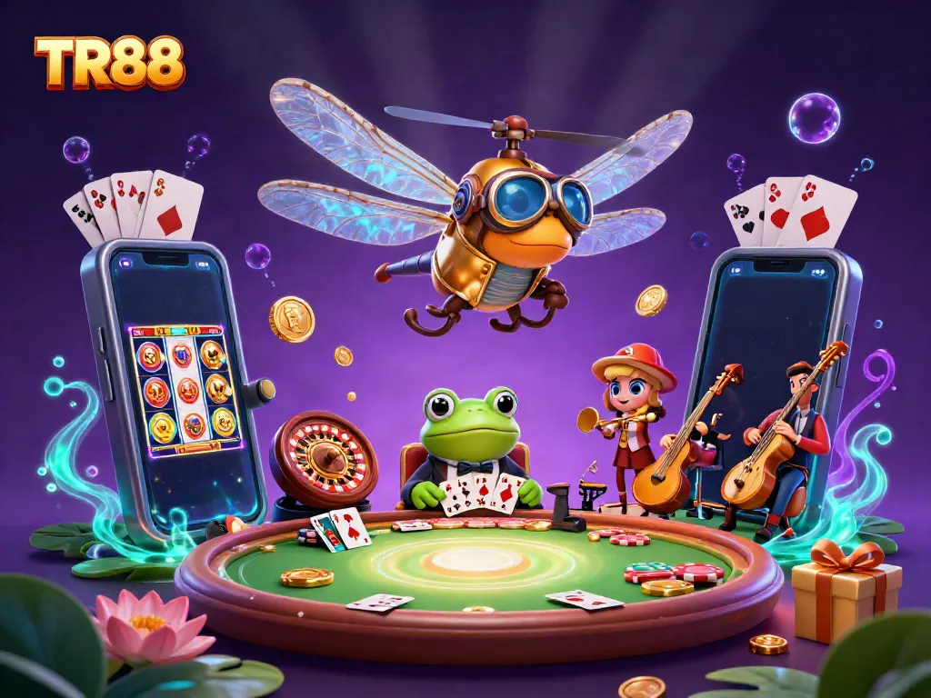 Experience the exciting world of TR88 with a lively casino scene featuring unique characters and engaging games.