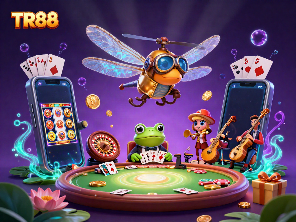 Experience the exciting world of TR88 with a lively casino scene featuring unique characters and engaging games.