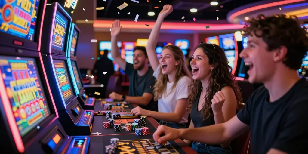 Slot yang menguntungkan situs slot gacor dengan mesin berwarna-warni dan kerumunan pemain merayakan kemenangan.