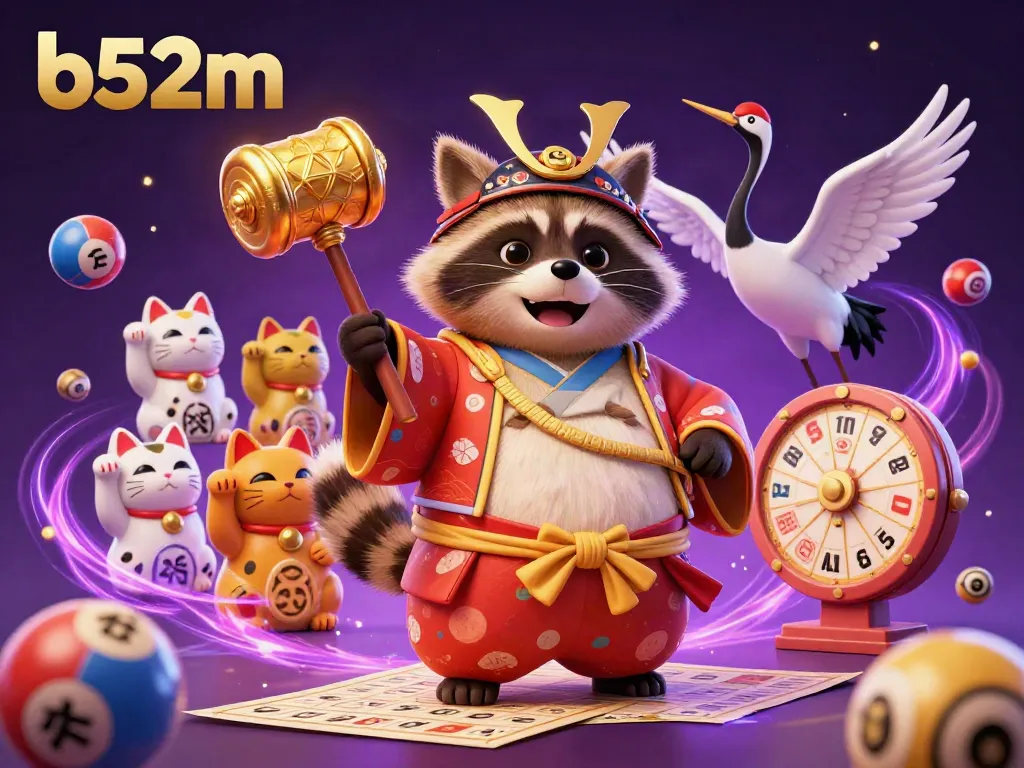 Join the excitement at b52m with this vibrant 3D illustration of a cheerful tanuki and friends celebrating luck and fortune.