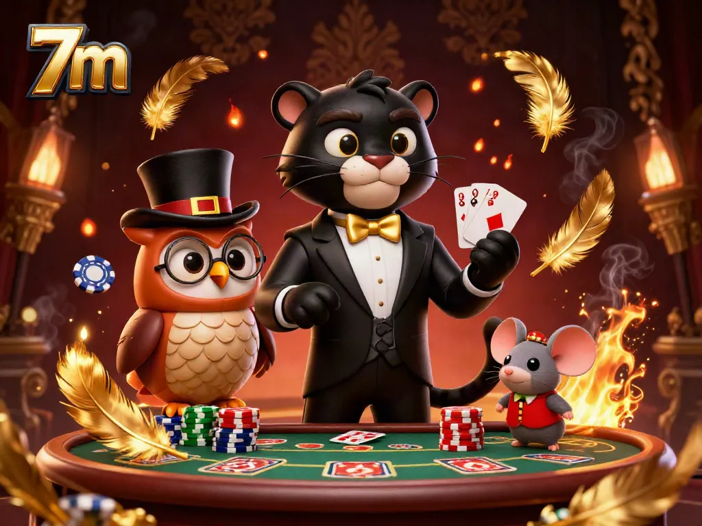 Engaging scene of 7m characters, featuring a black panther dealer with cards, an owl with poker chips, and a lucky mouse, all within a vibrant casino backdrop.