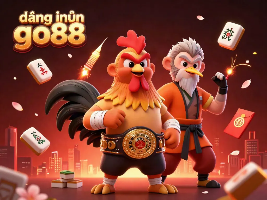 Engage with the exciting world of đăng nhập go88 through this vibrant 3D illustration of a Muay Thai rooster and martial artists, showcasing a rich array of gaming elements.