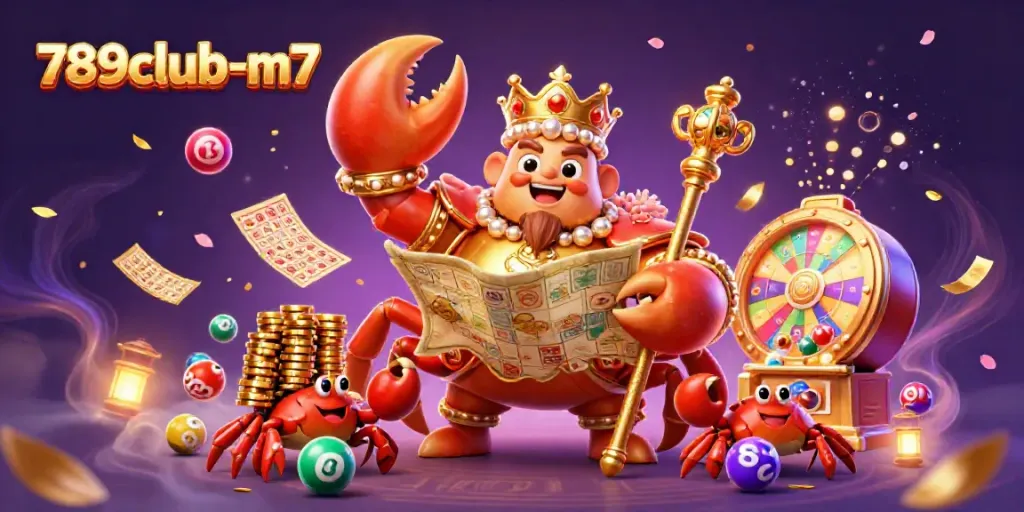 Engage with the 789club-m7 experience through a lively illustration featuring a golden crab emperor in a vibrant casino scene.